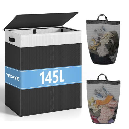 LazySpin Laundry Basket with Lid, 145l Hamper with 2 Detachable Mesh Laundry Bags, Black&White