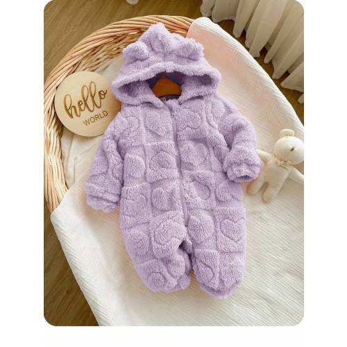 Newborn Baby Girl Cute 3D Ear Fluffy Pink Heart Pattern Zip-Up Hooded Jumpsuit, Autumn/Winter | SHEIN USA