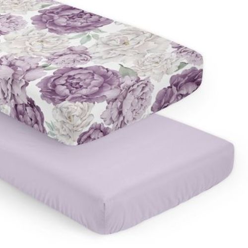 Sweet Jojo Designs Girl Fitted Crib Sheets Set Peony Floral Garden Purple Ivory and Green 2pc