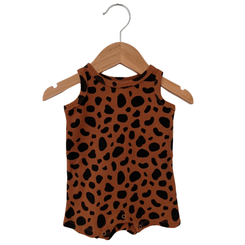 Organic Waffle Shortie Romper, Black Spot