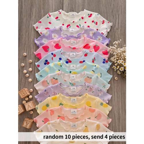 SHEIN 4pcs/Set Newborn Baby Girls' Cute Knitted Cartoon Rabbit & Floral Short Sleeve Rompers, Summer