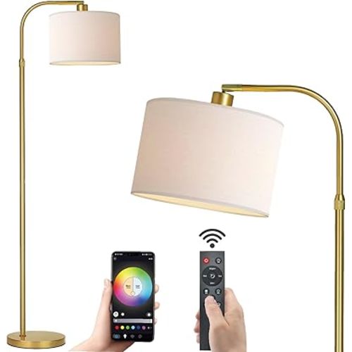 Gold Floor Lamp with Remote Control, 1200 Lumens Adjustable Height Dimmable Arc Floor Lamp for Living Room, Modern Gold Standing Lamp for Bedroom, Office, LED Smart Bulb Included