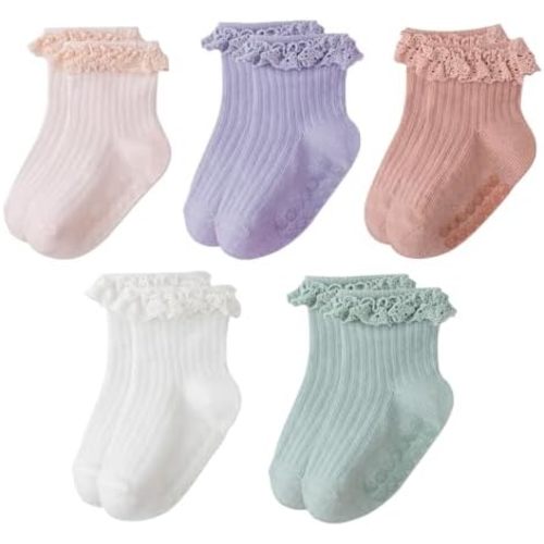 Meeshine Baby Toddler Girls Anti Slip Ruffle Socks with Grips Newborn Infant Cotton Non Skid Frilly Dress Socks, 5 Packs