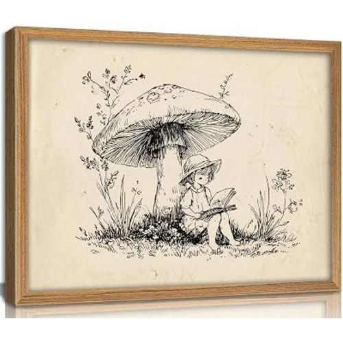 Framed Vintage Whimsical Book lovers Wall Art Mushroom Girl Reading Wall Decor Cozy Storybook Sketch Painting Picture Rustic Cottagecore Nursery Prints Artwork for Kids Room Playroom Reading Corners