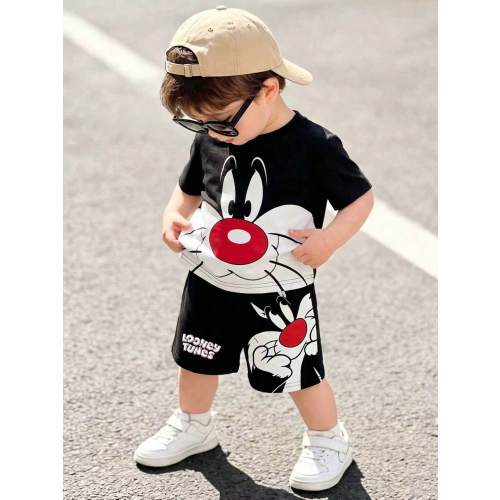 LOONEY TUNES X SHEIN GraphicGems Baby Boy Round Neck Cartoon Print Short Sleeve T-Shirt And Shorts Casual Daily Outfit