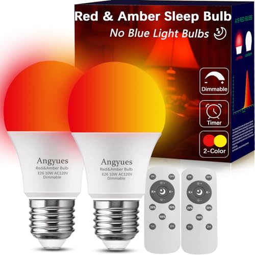 Red and Amber Sleep Bulb with Remote Control Choose 660nm Red Light or 1800K Amberlight,Timer Function, 10W Blue Light Blocking A19 Bulb, E26 Base, for Sleep Therapy,Bedrooms 2Pack