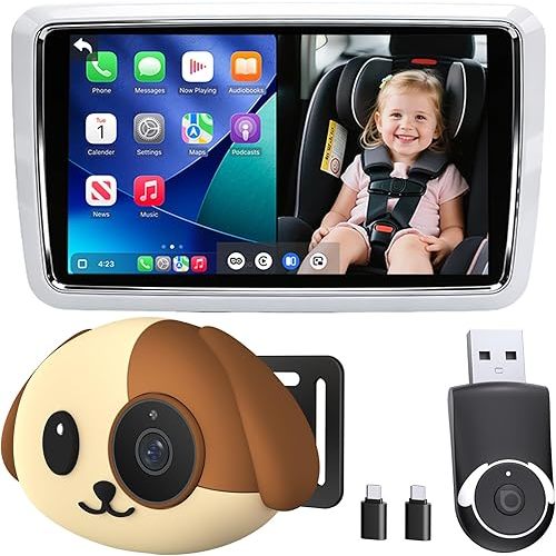 Castronix Cabin Care Baby Car Camera with Wireless CarPlay Adapter for iPhone Only, 1080P HD, IR Night Vision, 150° Wide-Angle, Real-Time Rear Seat Monitor, Works with Factory Wired CarPlay (Dog)