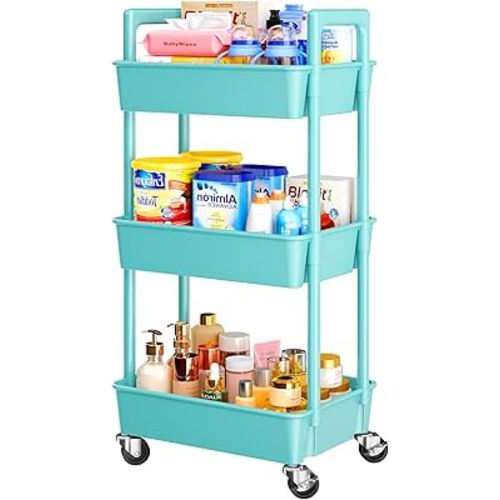Pipishell 3 Tier Rolling Cart Organizer, Plastic Rolling Cart with Lockable Wheels & Reinforced Handle, Lightweight Utility Cart Storage Cart for Nursery, Kitchen, Bathroom, Craft Room, Turquoise