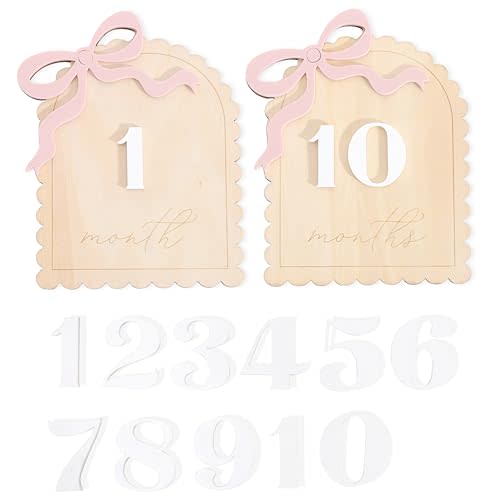 2 Pcs Baby Monthly Milestone Cards - Wooden Photo Props for Newborn, First Year Keepsake (0-12 Months) - New Mom Present, Boy Girl Announcement Sign (Pink Bow)