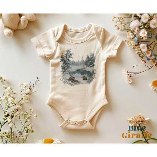 Beaver Nature Wilderness Scene Baby Onesie® - Watercolor 90s Winter Beavers Baby Bodysuit - Animals Baby Clothes - Camping Toddler Gifts