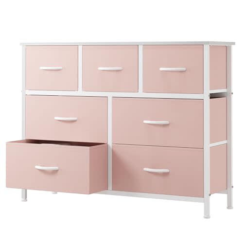 OLIXIS 7 Drawer Fabric Dresser, Storage Tower for Bedroom and Closet | Pink Easy-Pull Bins for Closet Organizers, Chest of Drawers with Sturdy Steel Frame & Wooden Top for Living Room, Entryway
