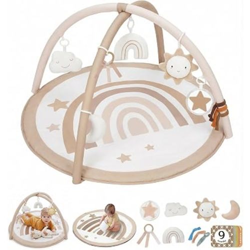 Little Dove Washable Tummy Time Mat, Baby Play Gym with 7 Detachable Toys and 12 Milestone Cards, Activity Mat for Newborn Infant, Baby Essentials Gift, Brown