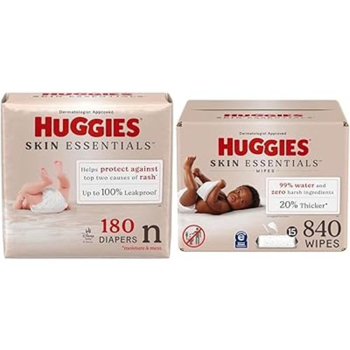Huggies Skin Essentials Bundle: Huggies Skin Essentials Baby Diapers, Size Newborn (6-9 lbs), 180 Count & Baby Wipes, 15 Flip-Top Packs, 840 Count (15 Packs of 56)