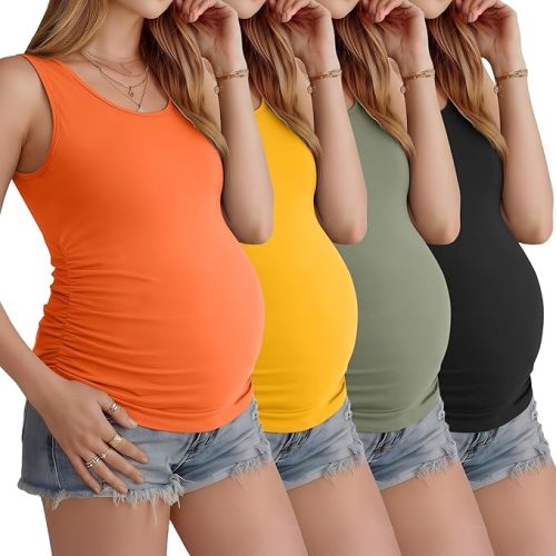 Ficerd 4 Pack Women's Maternity Tank Tops Sleeveless Side Ruched Top Crew Neck Casual Pregnancy T-Shirts Summer Basic