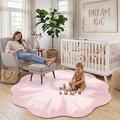 Latte&Fog Pink 6ft Round Area Rug for Living Room, Vintage Washable Circle Rugs for Girls Bedroom, Kids Nursery, Kitchen, Dining Room, Low Pile Non Slip Indoor Circular Carpet for Dorms, Home Decor