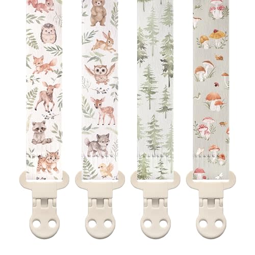 Stadela Baby Fabric Pacifier Clip Holder, Plastic Clip, 4‑Pack, Woodland Pattern, Cedar Set