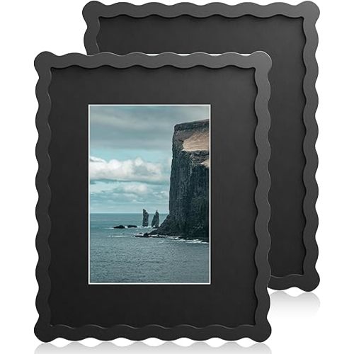 8X10 Wavy Picture Frame With Mat For 5x7, Wavy Edge Wooden Picture Frame with Real Glass - Wall Mount and Tabletop Display, Black, 2 Pack