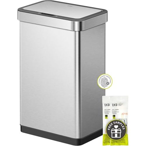 EKO EcoNova 13.2 Gallon/ 50L Automatic Sensor Kitchen Trash Can, Stainless Steel Touchless Garbage Bin with Soft-Close &Stay-Open Lid, Fingerprint-Resistant