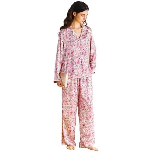 Womens Silk Satin Pajamas Set Button Down 2 Piece Pjs Long Sleeve Oversized Sleepwear with Pockets