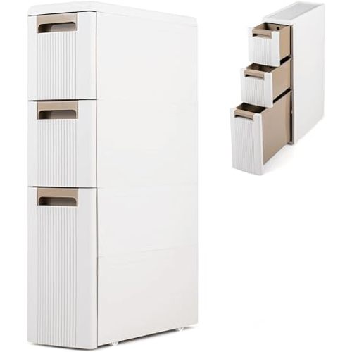 Byroce 3-Tier Narrow Storage Cabinet with Wheels, Slim Rolling Plastic Drawer Organizer with Removable Dividers, Skinny Storage Cart for Small Spaces, Bathroom & Kitchen (1PC, 3-Drawer), Beige