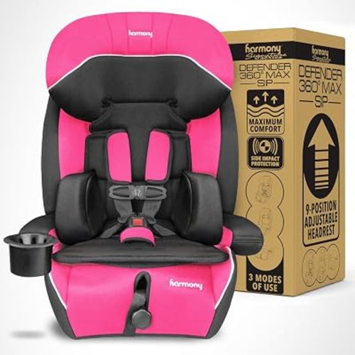 Harmony Defender 360 MAX SIP Harnessed Booster Seat – 3-in-1 Combination Deluxe Car Seat, Machine-Washable Cover, For Children 12–55 kg (26.5–120 lbs.), 69–145 cm (27–57 in) - Pink