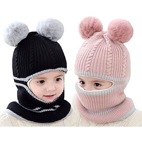 Toddler Winter Hat Baby Balaclava 2 in 1,Fleece Lined Knitted Beanie with Face Mask, Ear Flaps & Pom Pom for Boys Girls