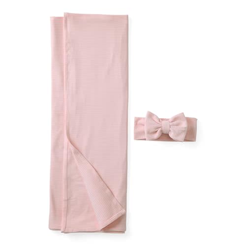Little Sleepies Swaddle & Luxe Bow Headband Set, Viscose from Bamboo Baby Swaddles, Newborn Baby Girl Clothes (Prima Pink Ribbed)
