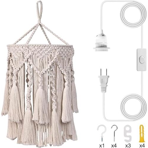 Boho Hanging Lamp, Boho Lampshade with Plug in Pendant Lamp for Bedroom. Macrame Hanging Light with Plug in Cord for Living room