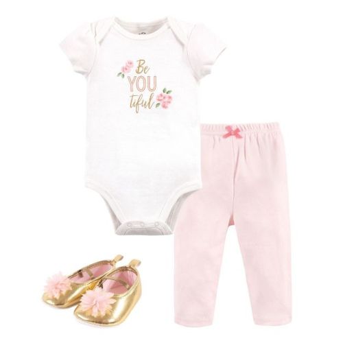 Little Treasure Baby Girl Cotton Bodysuit, Pant and Shoe 3pc Set, Beyoutiful, 12-18 Months