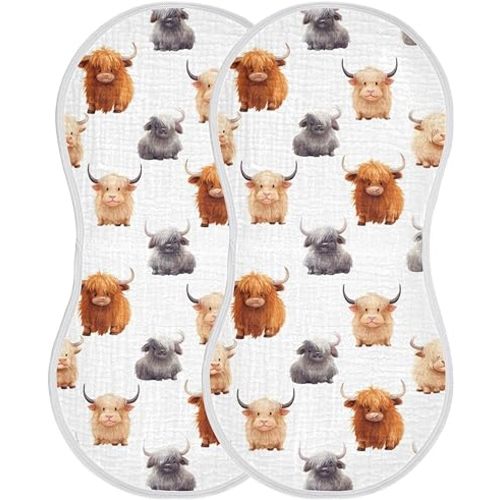 2Pcs Cute Highland Cow Pattern Burp Cloth,Unisex Large Absorbent Soft Cotton Muslin Burping Cloths for Newborn Boys Girls,11x22in,A110859