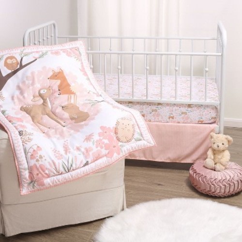 The Peanutshell Fairytale Forest Crib Bedding Set for Baby Girls, 3-Piece Nursery Set in Pink|White