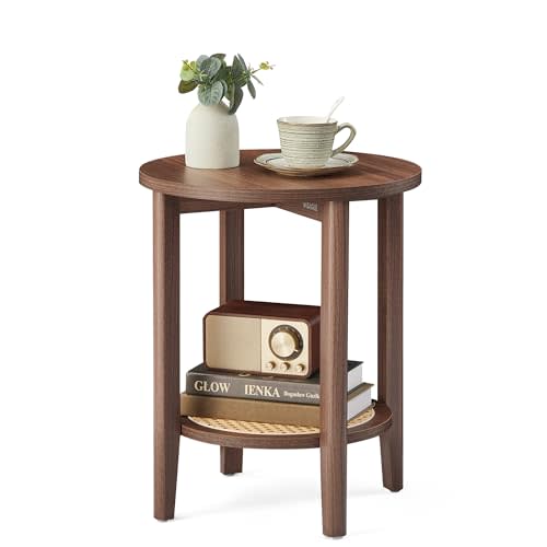 VASAGLE Round Side End Table, 2-Tier Boho Bedside Table with Rattan-Look | Nightstand With Storage Shelf for Small Spaces, for Living Room, Bedroom, Home Office, Black Walnut ULET296K01