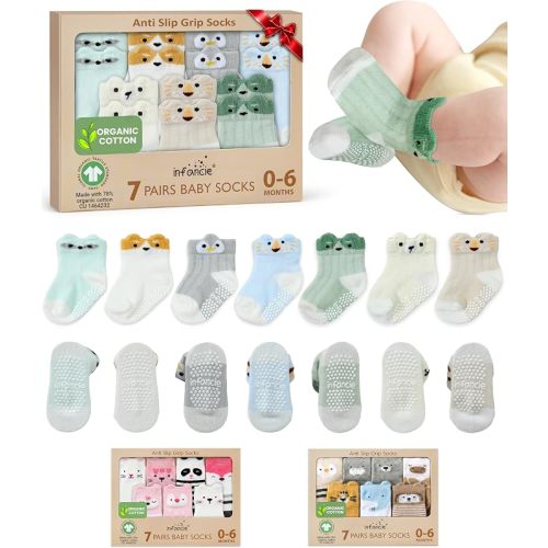 GOTS Organic Cotton Blend 7 Baby Socks 0-6 Months Animal Design Non Slip