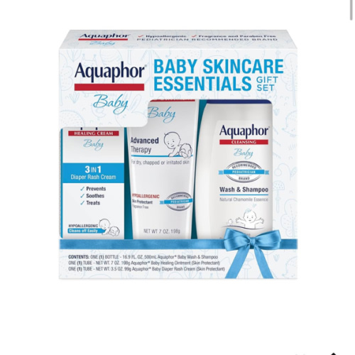Aquaphor Baby Skin Care Essentials Gift Set with Baby Wash and Shampoo (16.9 Fl Oz) + Healing Ointment for Chapped Skin and Drool Rash (7Oz) + Diaper Rash Cream (3.5Oz), Hypoallergenic