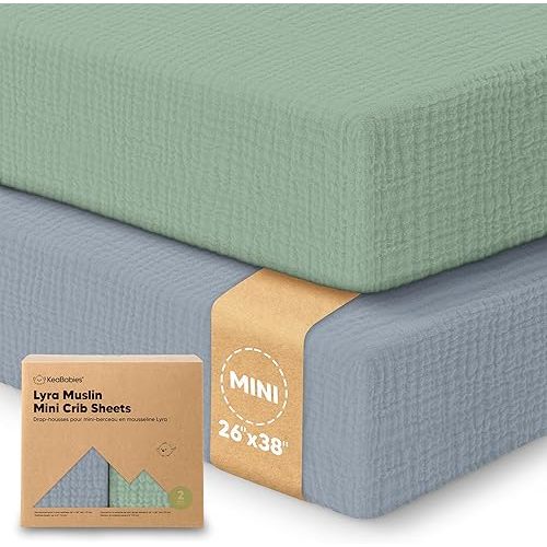 2-Pack Muslin Mini Crib Sheets for Boys, Girls - 38x26 Pack and Play Sheets Fitted, Organic Cotton, Compatible with Graco Pack N Play Mattress, Neutral Toddler Playard Bedding, Soft Breathable (Slate)