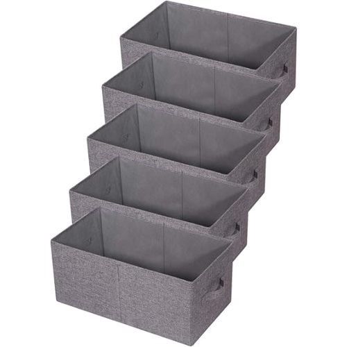 Set of 5 Closet Organizer Bins with Handle, Fabric Foldable Storage Baskets Cloth Box Containers for Shelves Home Office Clothes Clothing, Gray, Jumbo