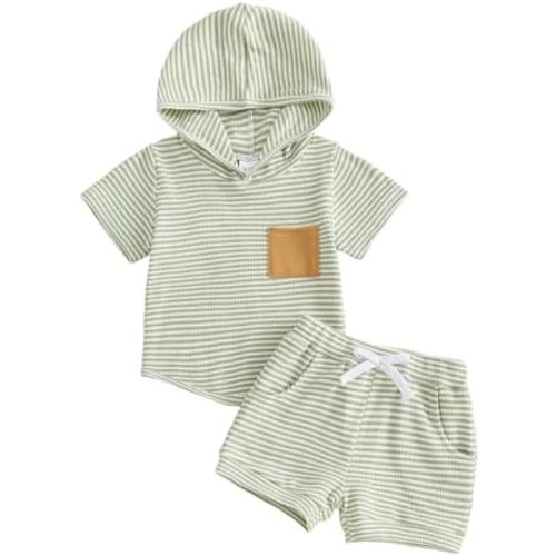 Toddler Baby Boy Summer Outfit Waffle Short Sleeve Hooded Stripes Tops Casual Shorts Set Infant Newborn Clothes