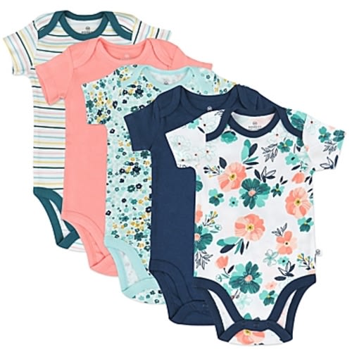 The Honest Company® - 0-3 Months 5-Pack Flower Organic Cotton Short Sleeve Bodysuits in AquaThe Honest Company®