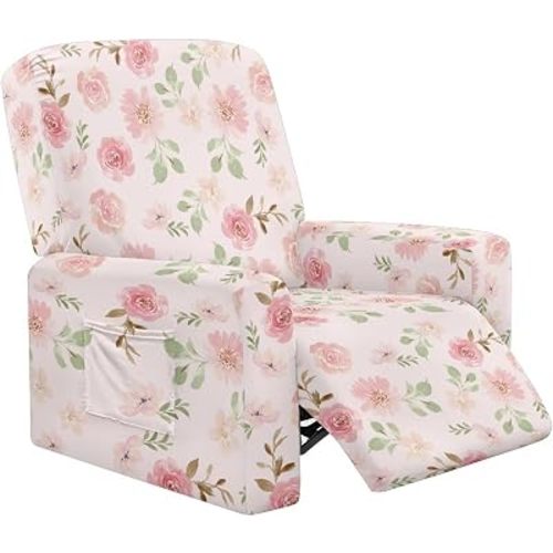 Pink Floral Recliner Sofa Slipcovers Stretch Non-Slip Reclining Chair Covers 4 Piece Anti-Scratch Comfy Recliner Protector for Living Room Bedroom, Home Deocr