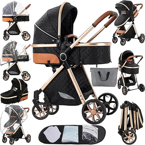 2 in 1 Baby Stroller Reversible Portable Standard Stroller Convertible Pushchair Infant Buggy Baby Carriage Foldable High Landscape Pram for Toddler Newborn (225 Black Gold)