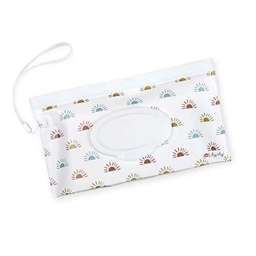 Itzy Ritzy Travel Wipes Case - Reusable Wipe Pouch – Take & Travel Pouch Holds Up to 30 Wet Wipes, Includes Silicone Wristlet Strap, Desert Sunrise