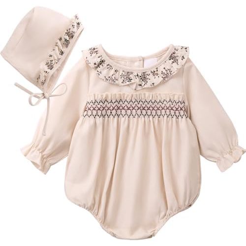 Baby Girl Long Sleeve Onesies Cotton Linen Bubble Romper Smocked Fall Outfits Clothes Size 3-24 Months