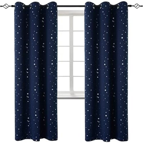 BGment Navy Star Blackout Curtains for Kid's Bedroom - Grommet Thermal Insulated Room Darkening Printed Curtains for Living Room, Set of 2 Panels (42 x 84 Inch, Dark Blue)