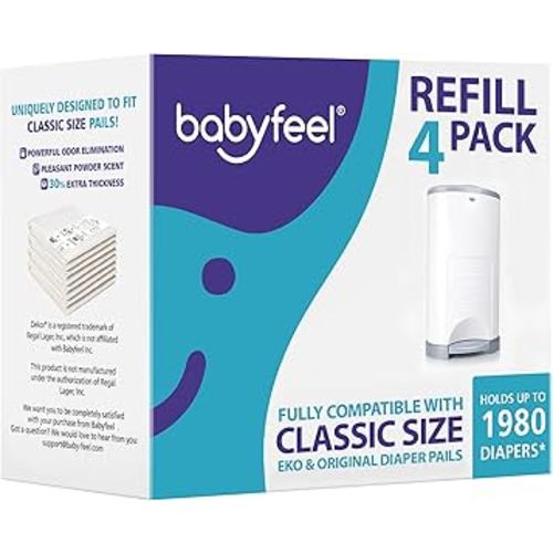 Babyfeel Refills Compatible with DEKOR CLASSIC Diaper Pails | 4 Pack | Exclusive 30% Extra Thickness | Diaper Pail Refills with Powerful Odor Elimination | Powder Scent | Holds up to 1980 Diapers