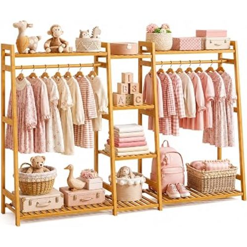 BAMBOOHOMIE Kids Clothing Rack with Shelves, Bamboo Clothes Garment Rack for Kids Child Baby, Kids Dress Up Storage Rack with Top Shelf, Toddlers Wardrobe Closet for Nursery (Large Size)