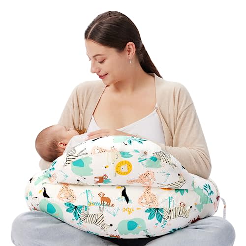 Momcozy Original Nursing Pillow for Breastfeeding, Plus Size Breastfeeding Pillows for More Support, with Adjustable Waist Strap and Removable Cotton Cover, Colorful Wildlife