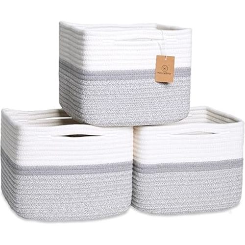 NaturalCozy Storage Cubes 9”x9”x7”Cotton Rope Woven Baskets for Organizing 3-Pack | 9 Inch Cube Storage Bin | Small Basket for Shelf Nursery, Pantry, Decorative Plant, Bathroom Closet, Toy Gift