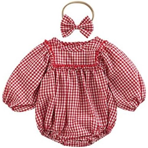 Douhoow Infant Baby Girl Plaid Romper Baby Sweatshirt Romper Ruffle Festival Clothes Fall Winter Outfits with Headband