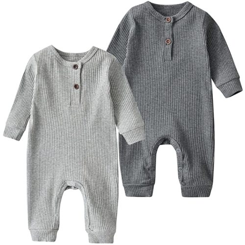 Baby Boy Girl 2 Pack Solid Romper Short/Long Sleeve One Piece Jumpsuits Clothes Sets - Dark Grey & Light Grey - 0-3 Months
