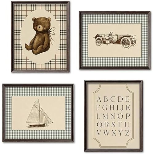 NaZaUK Vintage Nursery Wall Art Set of 4, Teddy Bear Boys Room Decor